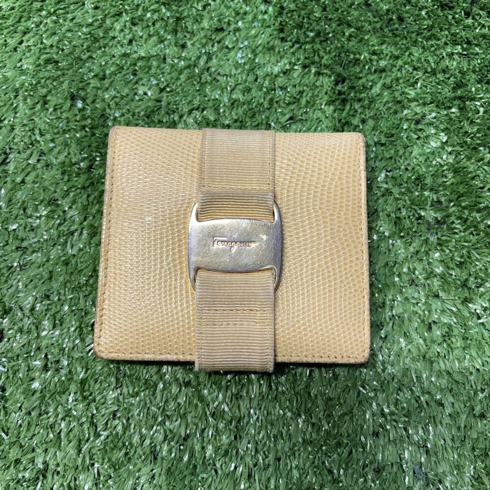 Salvatore Ferragamo Tan Beige Lizard Skin Leather Compact Wallet Women’s Men’s
